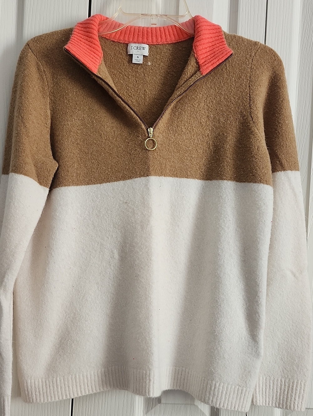 J. Crew Colorblock Half-Zip Sweater — Coral, Camel & White